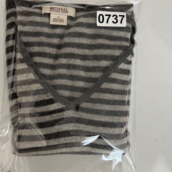 Michael Kors Womens S Y2K Gray Striped V-Neck 100% Cashmere Sweater Long Sleeve - Picture 14 of 14
